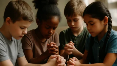 Niños oran con poder en un campamento tras ser tocados por el Espíritu entreCristianos Niños oran con poder en un campamento tras ser tocados por el Espíritu